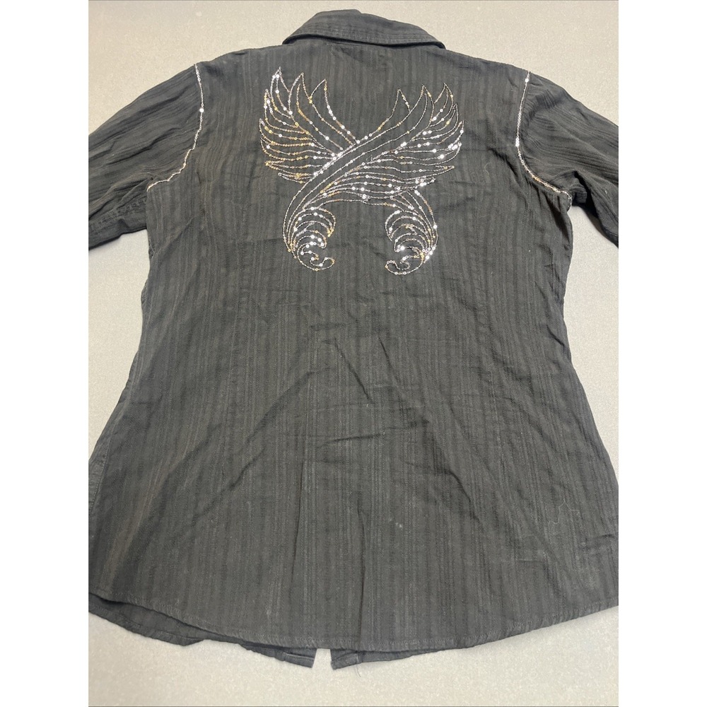Ariat Black Snap Jeweled Sequin Angel Wings Western Flap Pockets Women's Medium - Picture 3 of 6